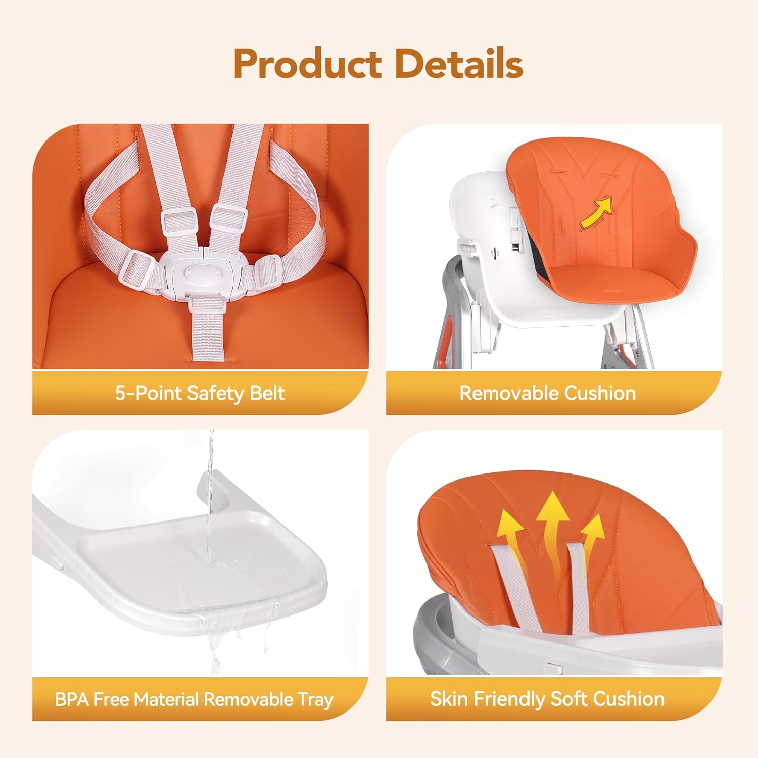 CoziBB Baby High Chair, 6 in 1 Convertible Growing Baby Highchairs for Babies and Toddlers, Baby Chair with Adjustable Dining Tray and Seat, 5-Point Safety Belt,White