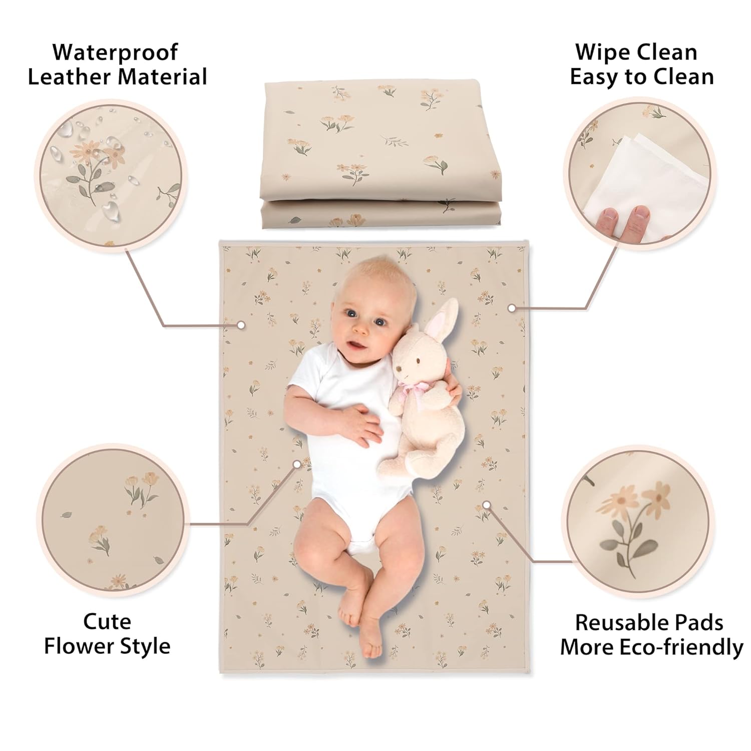 Vegan Leather Baby Changing Mat - Wipeable Portable Changing Pad, Foldable Travel Changing Mat for Baby, Newborns Toddlers Shower Gifts (Flower,20"*28")