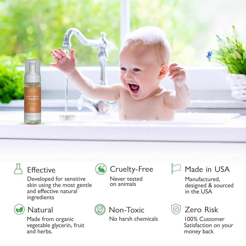 SoCal Suds & Company - 2-in-1 Organic Foaming Shampoo & Body Wash - Gentle Botanical Baby Wash for Sensitive Skin - Clean Natural Nourishing Soothing Castile Soap - Newborn Baby - Soft Citrus, 6oz