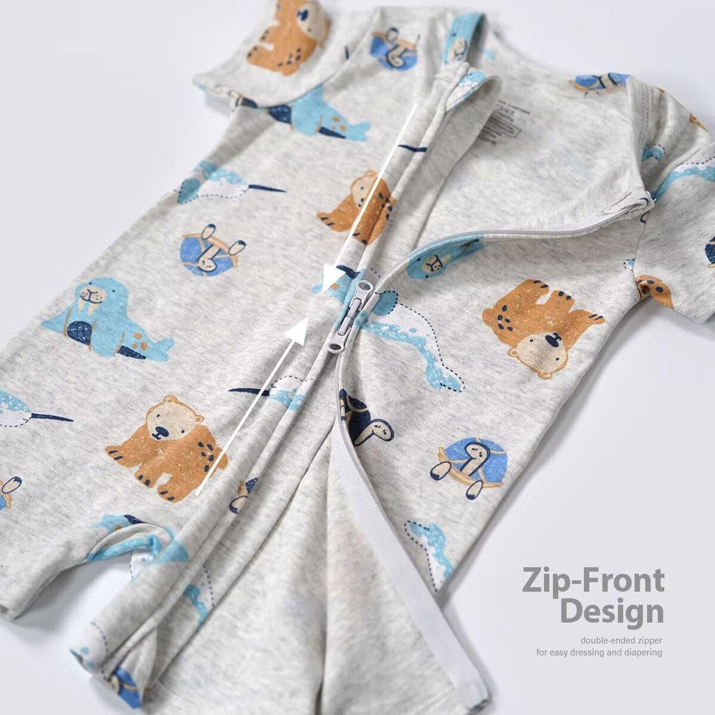 Teach Leanbh Unisex Baby 2 Pack Pajamas Cotton Short Sleeve 2 Way Zipper Printing Soild Romper Jumpsuit Sleep and Play