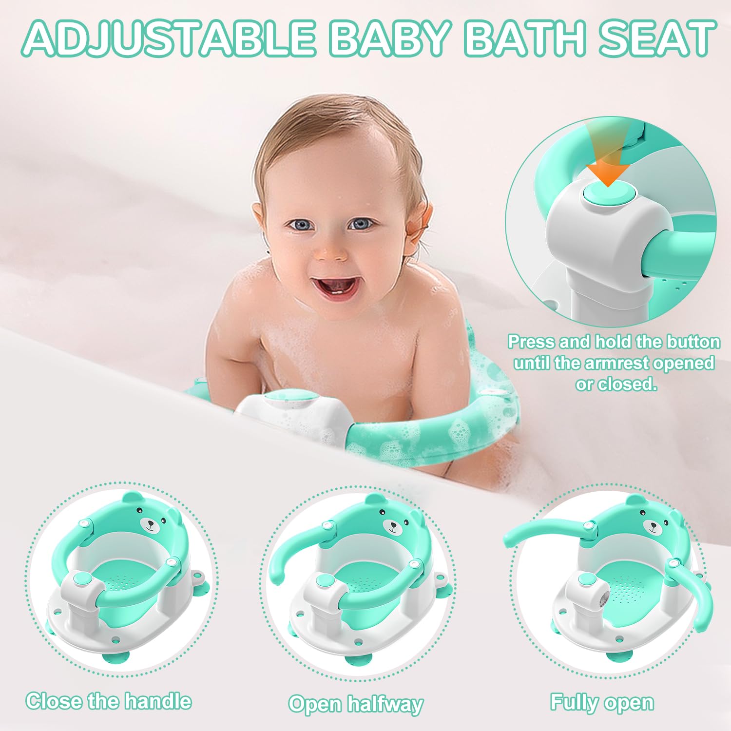 Baby Bath Seat for Babies 6 Months & up, Non-Slip Toddler Bath Seats for Babies Sitting Up, Safe Infant & Newborn Bathtub Chair with 4 Suction Cups & Soft Cushion for Shower,Mint