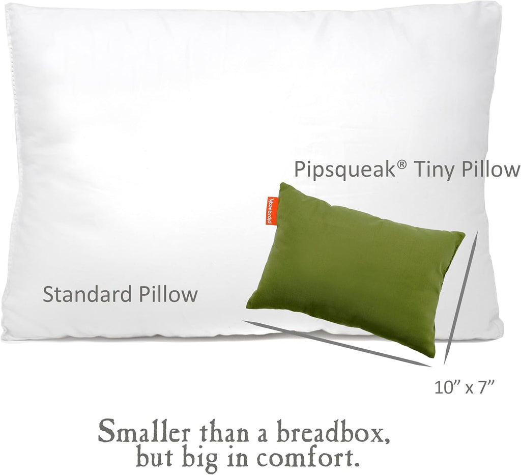 Pipsqueak Small | Tiny | Mini Pillow with Name Tag - 11in x 7in x 2.5in - Machine Washable - White Pillow with Olive Case