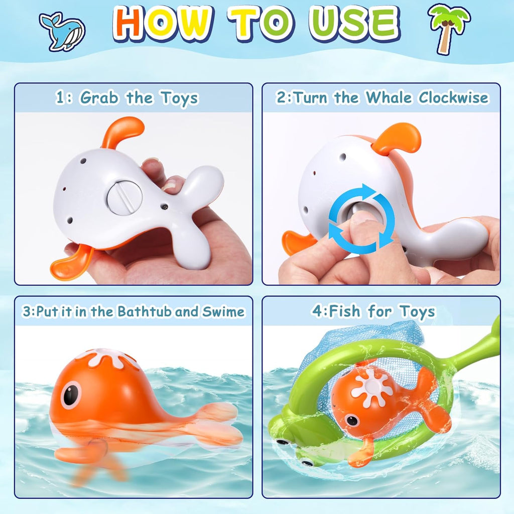 Baby Bath Toys Set, Wind Up Pool Toys for Toddlers 1-3, Kids Magnetic Fishing Toys with 1 Fishing Rod & 1 Net & 4 Brightly Colored Whales, Boys and Girls Birthday Gifts