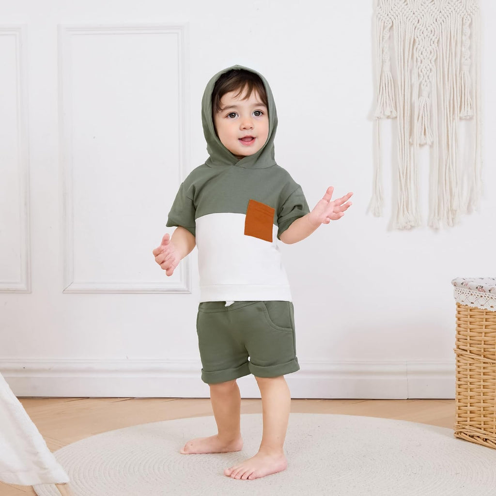 Toddler Baby Boy Summer Hooded Outfit Contrast Color Short Sleeve T Shirt Top Elastic Shorts Summer Clothes Set