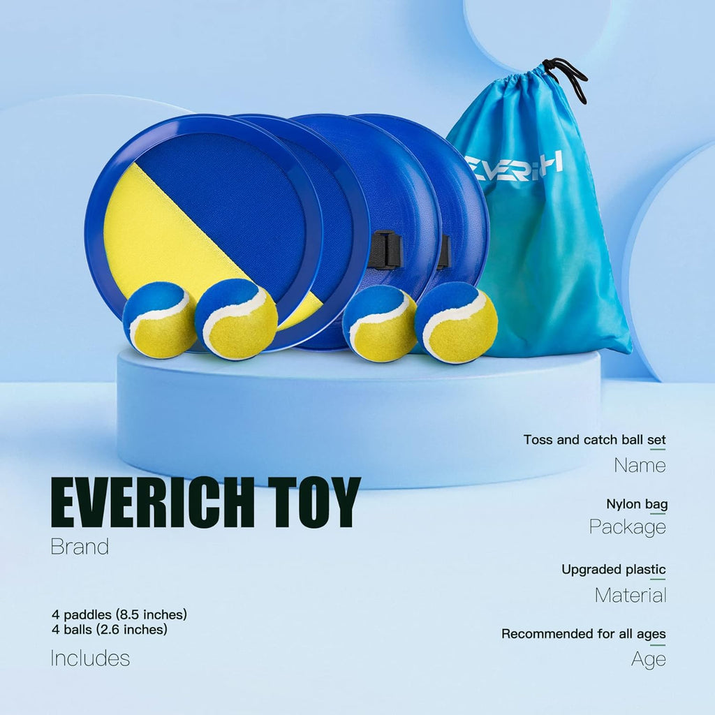 EVERICH Upgraded Toss and Catch Ball Game Set - Indoor and Outdoor Games for Kids 3-12, Beach Sand Pool Water Toy Includes 4 Paddles 4 Sticky Balls, Great Birthday Easter Gifts for Boys Girls