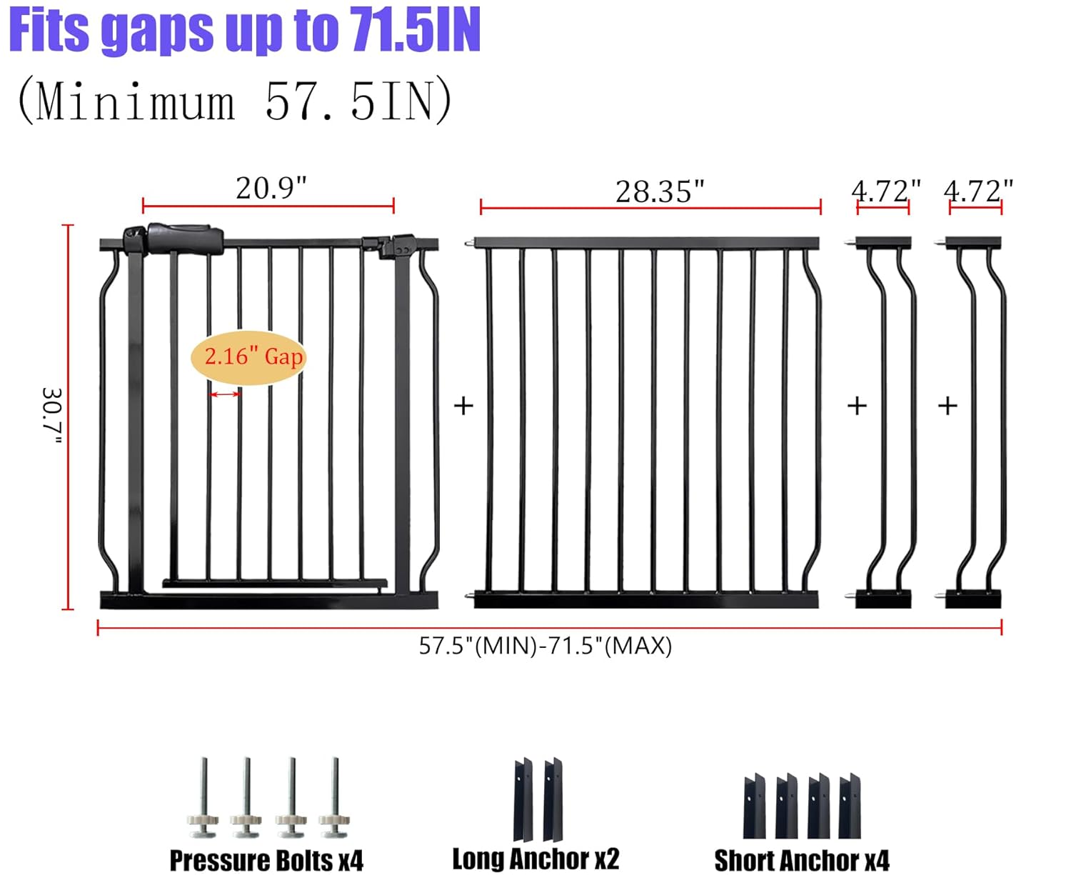 Wide Baby Gate 67-71.5 Inch Heavy Duty Steel Safety for Stairs, Pressure-Mounted Indoor Dog, No Drilling, Modern Home Design, Black