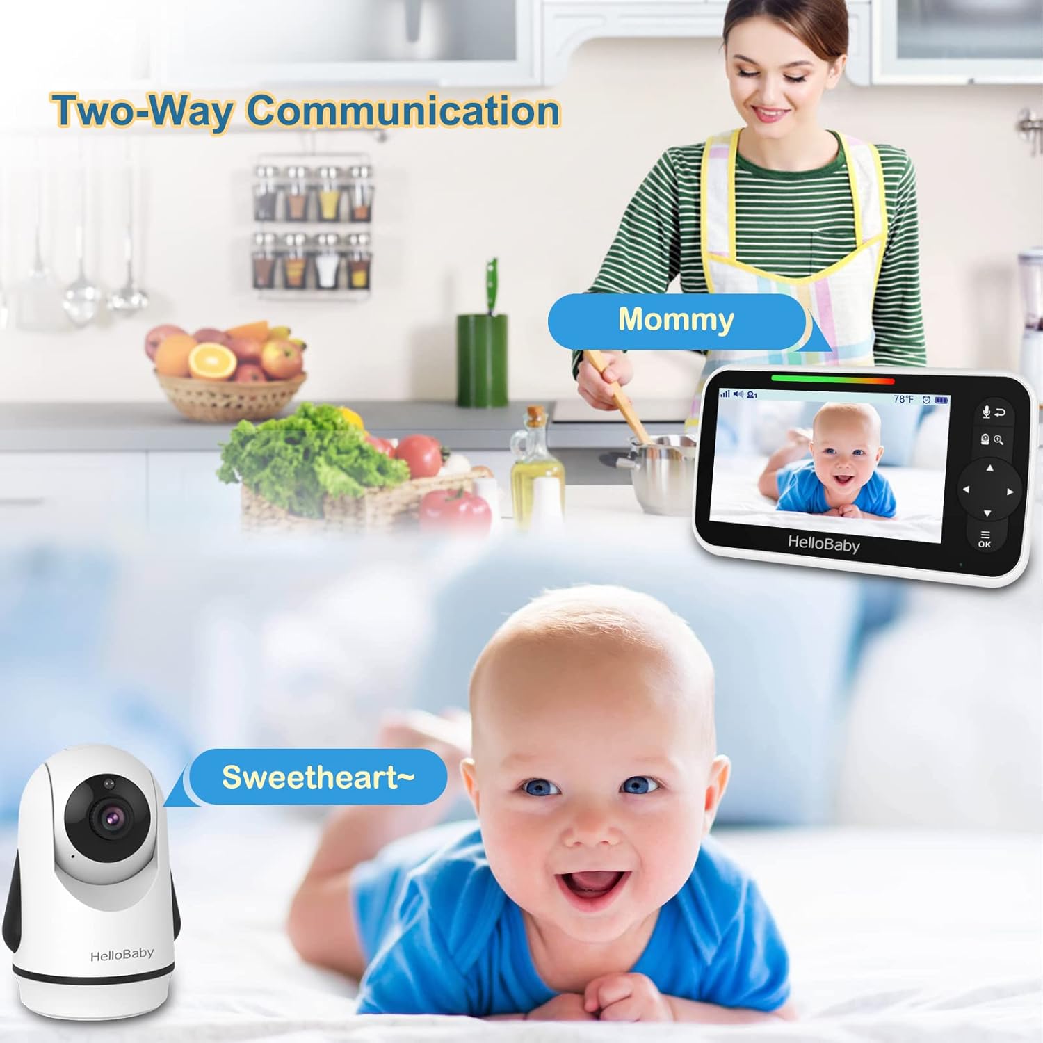 HelloBaby 5 Inch Video Baby Monitor with Camera and Audio, Remote Pan-Tilt-Zoom Camera with Night Vision, 2-Way Talk, Temperature, 8 Lullabies and 1000ft Range Baby Monitor No WiFi Needed