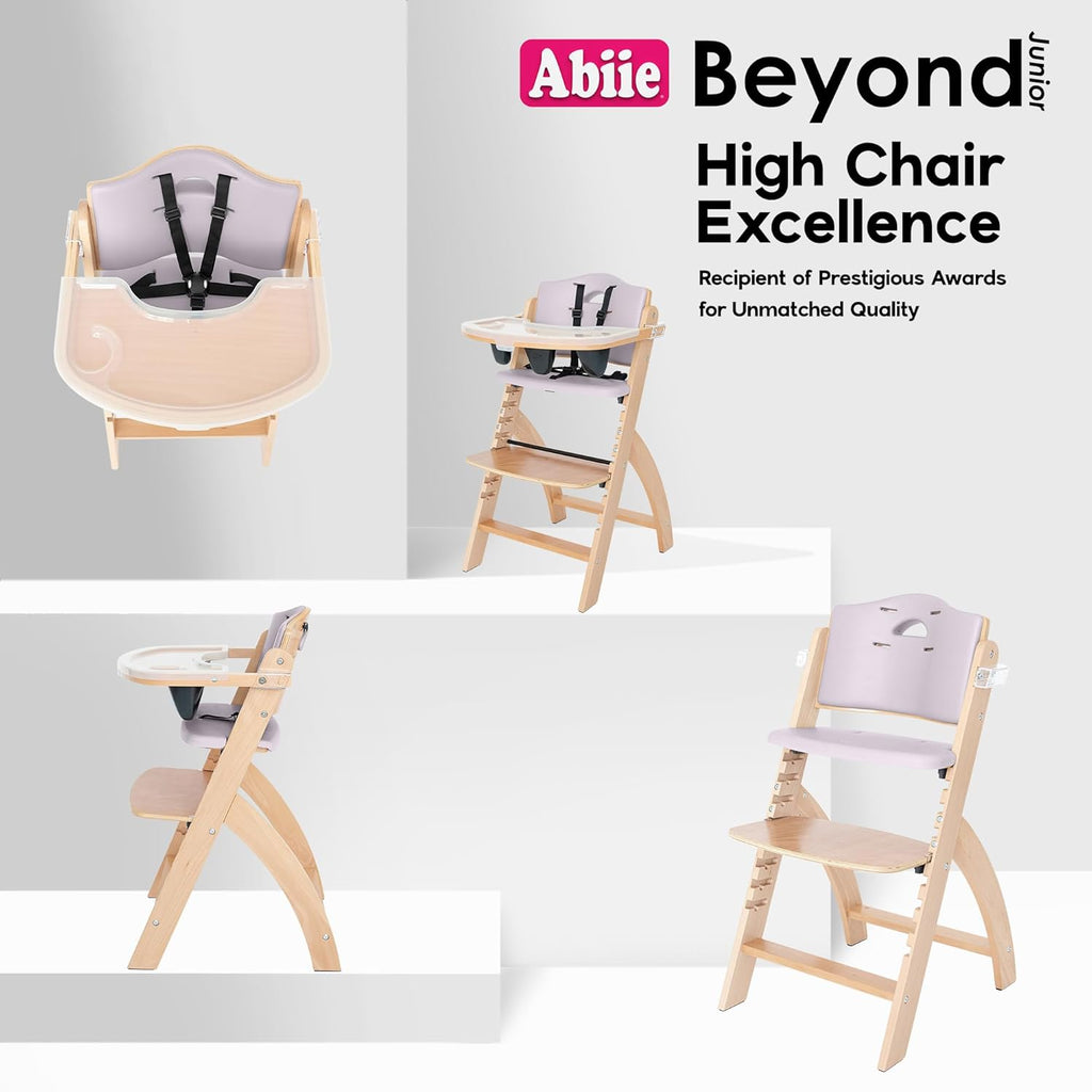 Abiie Beyond Junior Wooden High Chair with Tray - Adjustable and Convertible High Chair for Babies and Toddlers - 6 Months to 250 Lb - Water Resistant - Natural Wood with Lilac Cushion