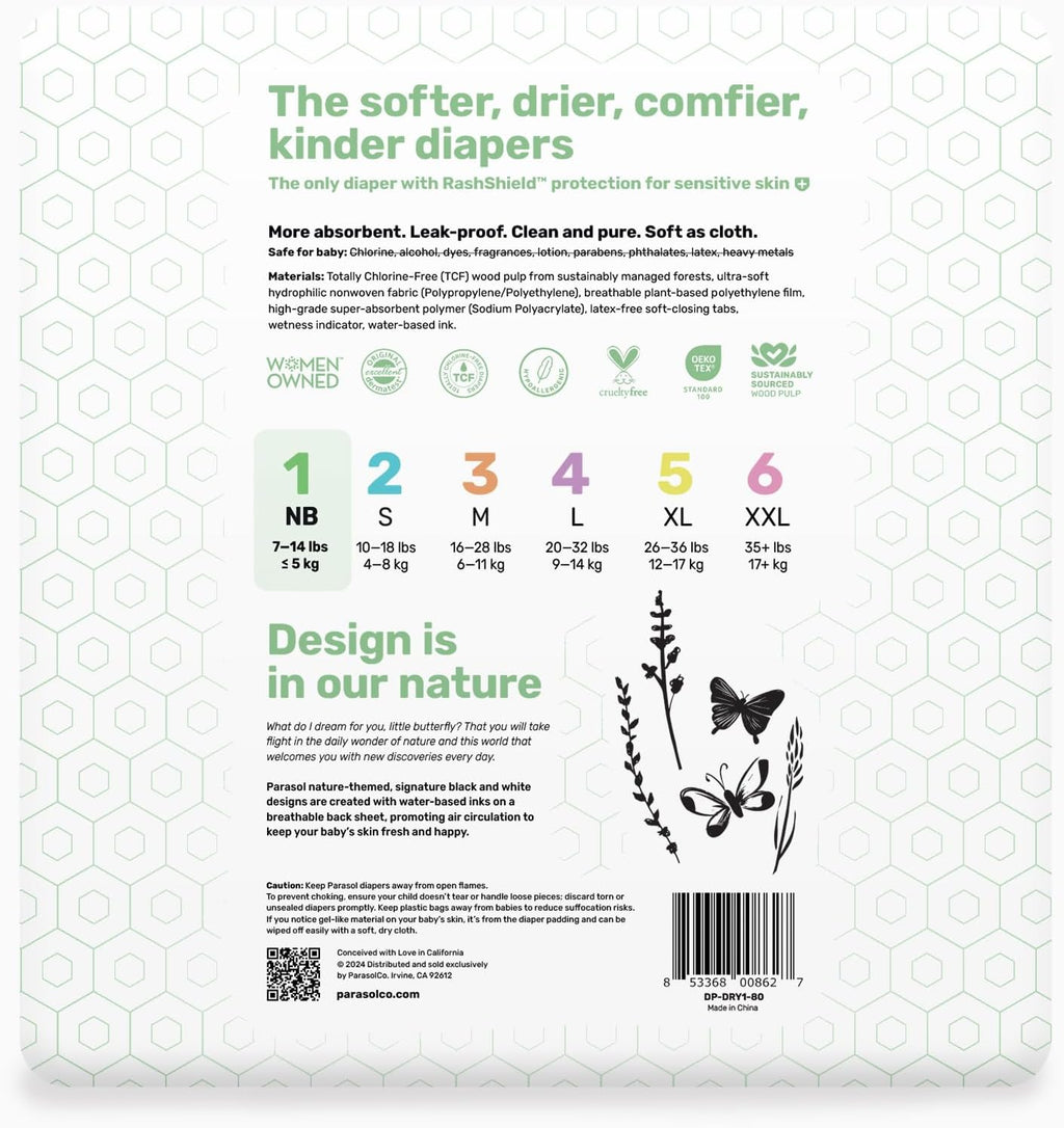 Parasol Clear+Dry Disposable Diapers, RashShield Protection and Leak-Control Fit, Hypoallergenic Diapers, Size 1 (7-14 lbs), 320 Count