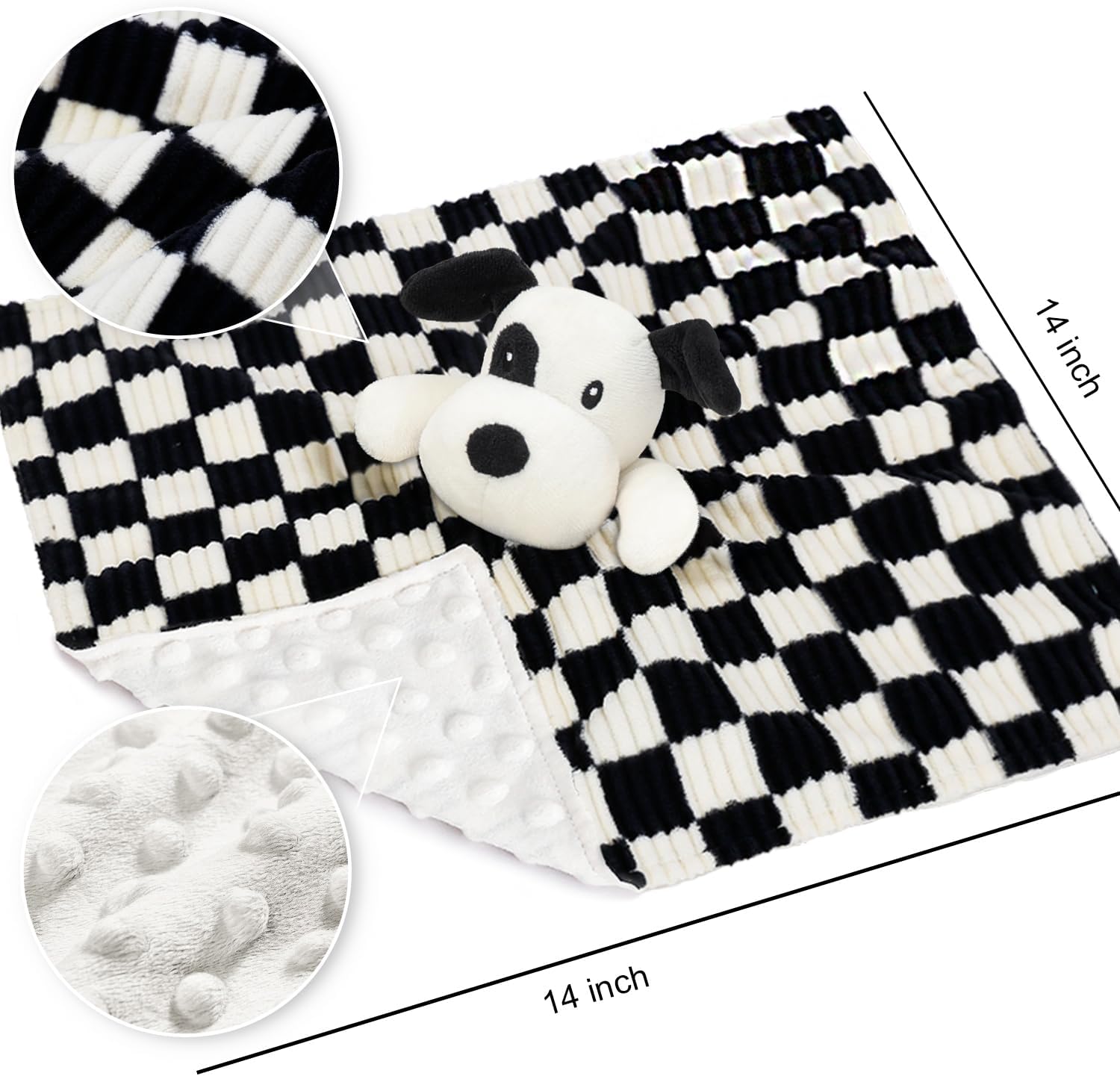 Baby Security Blanket for Boys Girls, High Contrast Super Soft 3D Checkerboard Gingham with Minky Dot Fabric Backing Snuggle Stuffed Animal Blankie Puppy Lovely Black 14 Inch