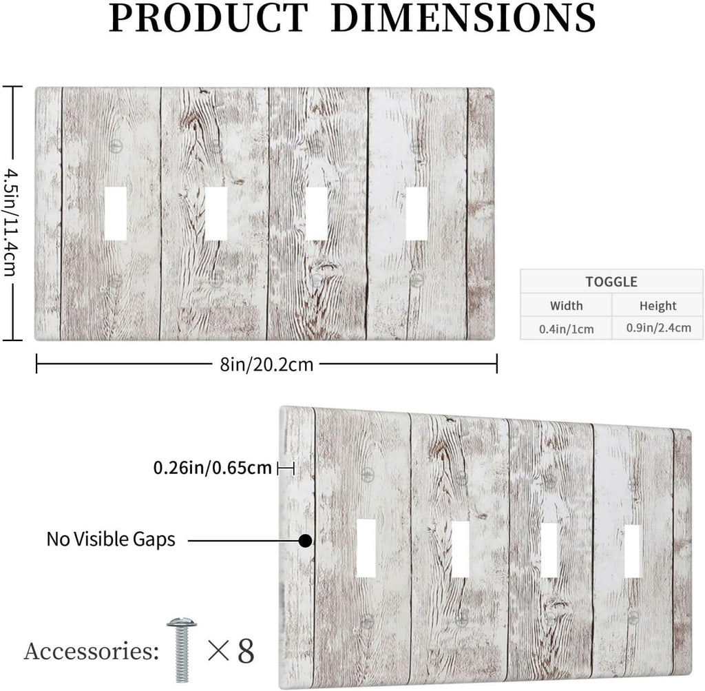 Light Switch Covers Rustic Vintage White Wood Grain Quad Toggle Electrical Faceplate 4 Gang Wall Plate Decorative Switch Plates for Farmhouse Home Decor