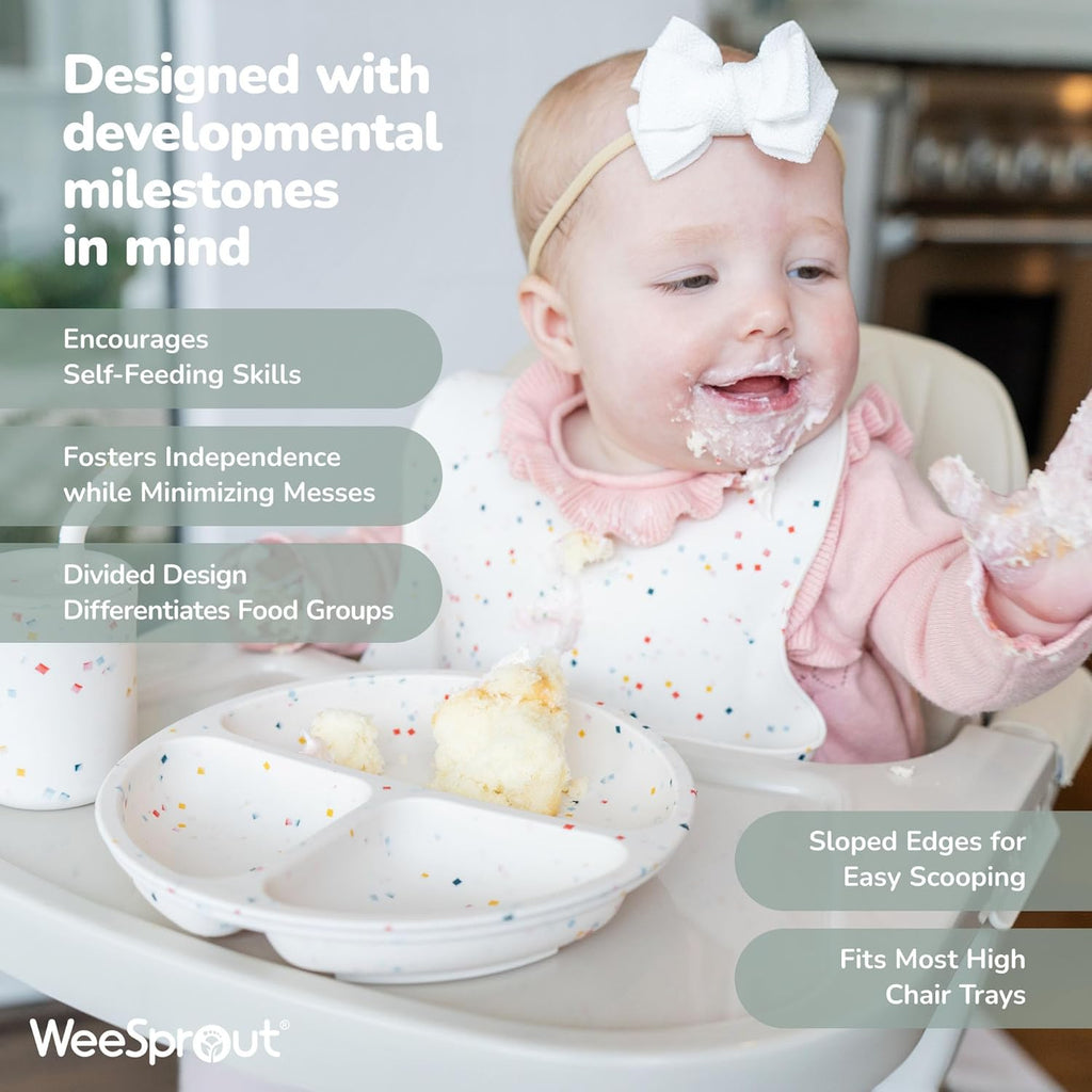 WeeSprout Suction Plates for Babies With Lids & Toddlers - 100% Silicone, Dinnerware Stays Put, Divided Design for Picky Eaters, Microwave & Dishwasher Friendly, 3 Pack