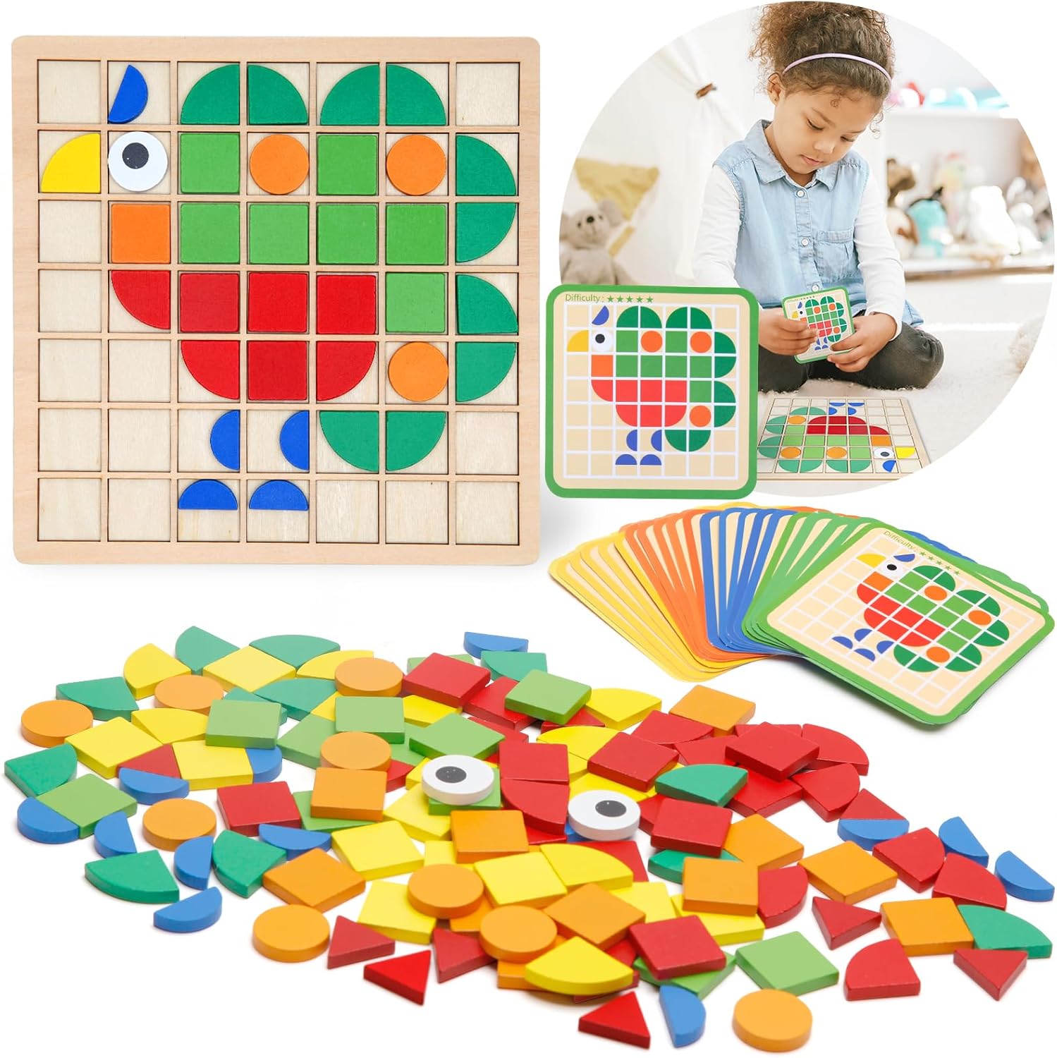 Geometric Shapes Puzzle Toys with 120Pcs Wooden Puzzle Blocks and 20Pcs Cards, Montessori Educational Gifts for Kids Ages 3 and Up