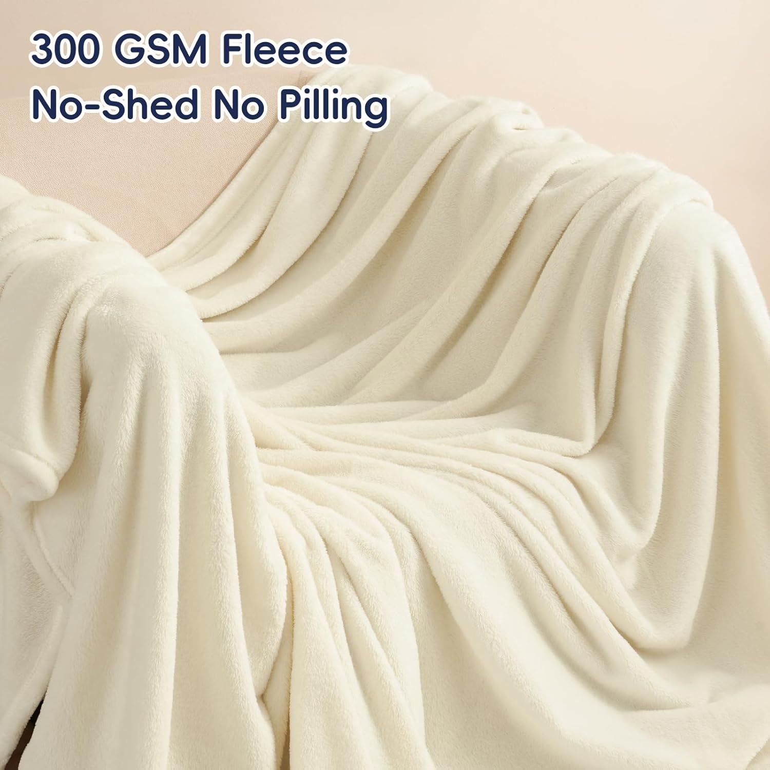 PHF Ultra Soft Fleece Blanket Twin Size, No Shed No Pilling Luxury Plush Cozy 300GSM Lightweight Blanket for Bed, Couch, Chair, Sofa Suitable for All Season, 66" x 90", Cream