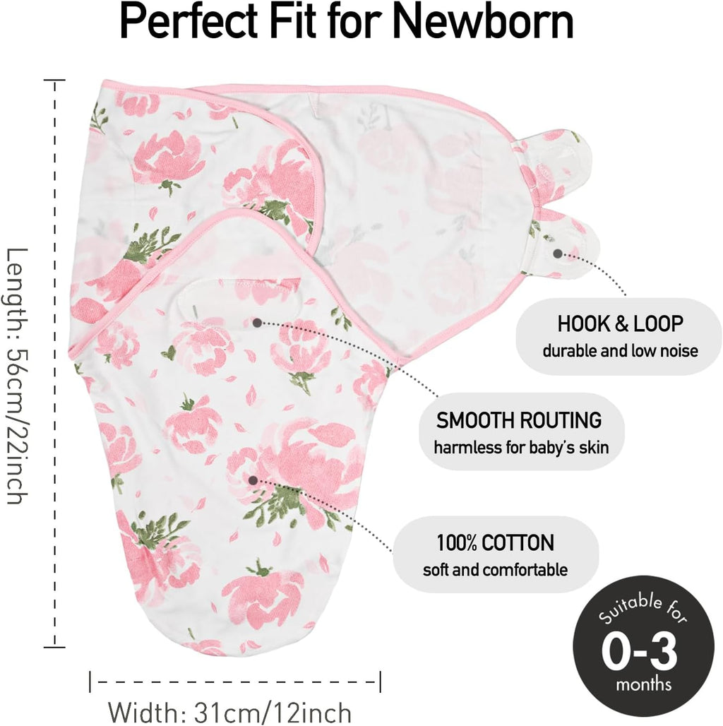 GLLQUEN BABY Girl Swaddles 0-3 Months - 3 Pack Baby Swaddles Sack for Newborn, Infant Sleep Sack, Easy Swaddling Wrap, A Pink Floral, Nursery Swaddle Blankets Essentials