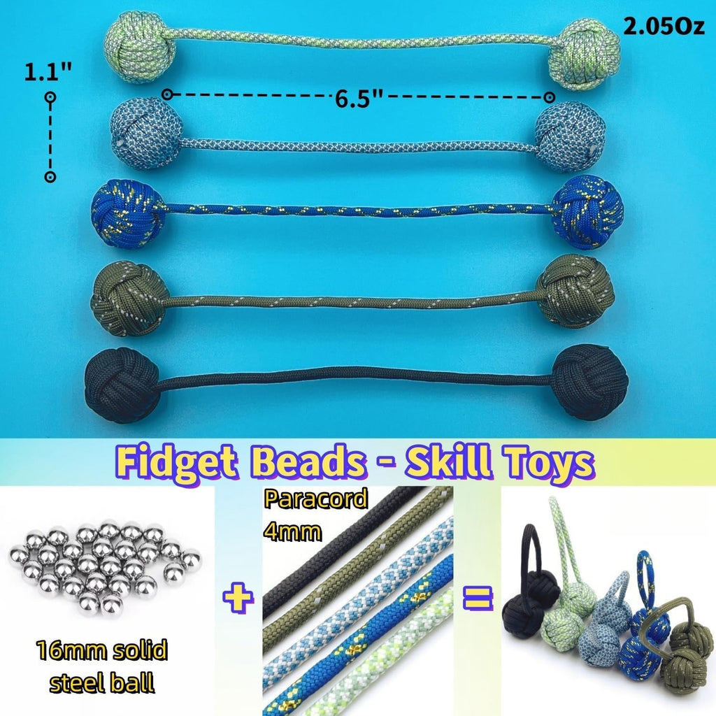 Fidget Beads Skill Toys, Fidget Toys, Parachute Cord and Steel Beads Handmade Fidget Beads, Beginners Worry Beads, Portable EDC Leisure Toys (Black)