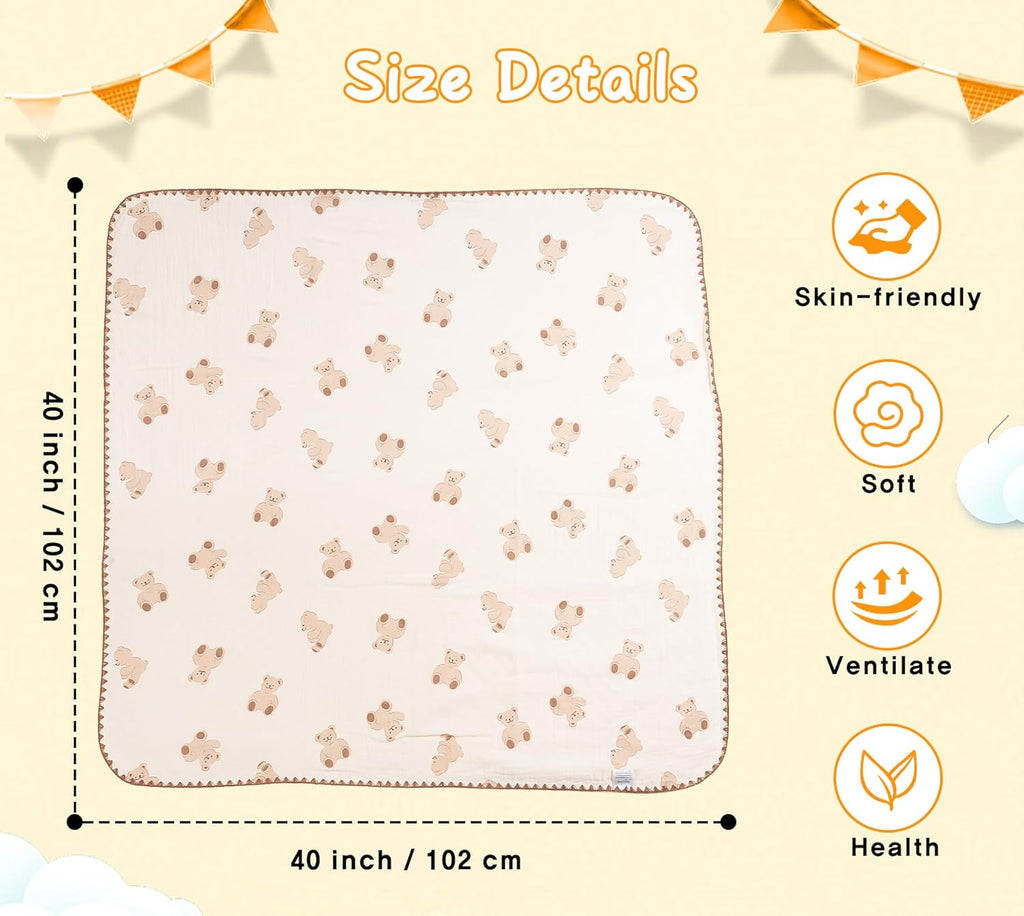 Baby Blanket Double Layer Cotton 40 x 40 Soft Receiving Blanket with Pattern Machine Washable Bear