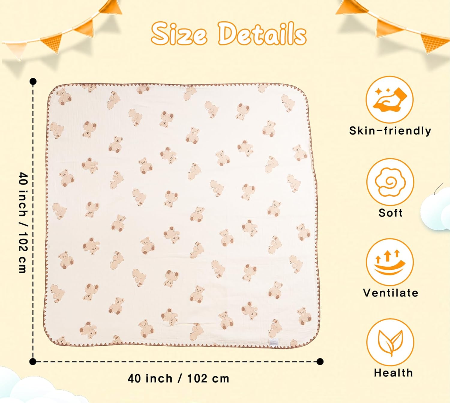 Baby Blanket Double Layer Cotton 40 x 40 Soft Receiving Blanket with Pattern Machine Washable Bear