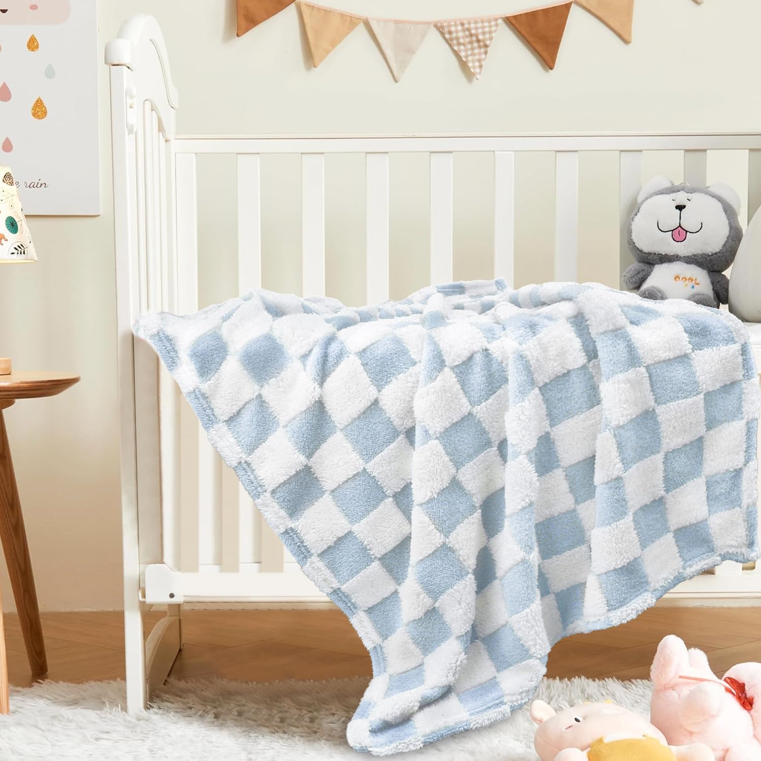 HOMRITAR Checkered Baby Blanket for Boys Girls Warm Cozy Reversible Checkerboard Toddler Blankets, Fluffy Fuzzy Plush Lightweight Bed Blanket with Chessboard Grid Design 350GSM Baby Blue 30 x 40 Inch