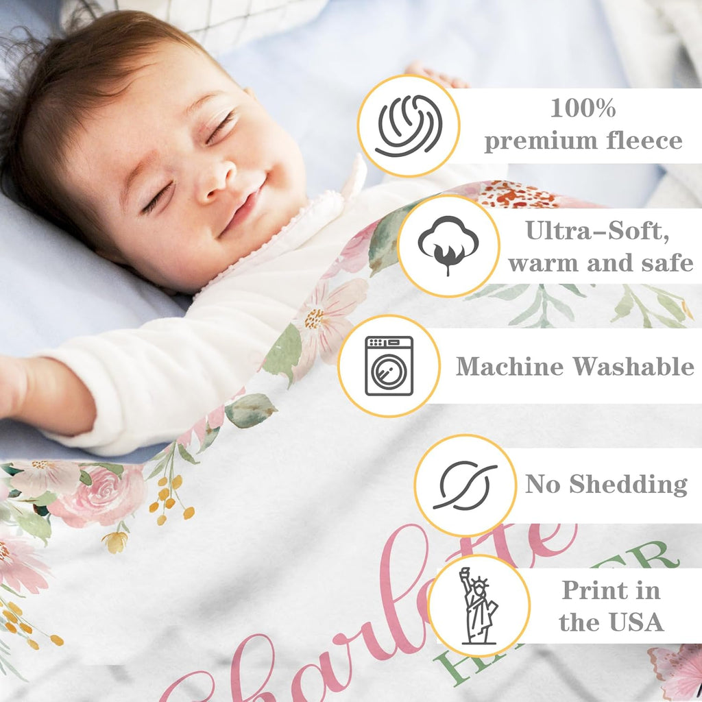 Personalized Baby Blankets for Girls Women Custom Baby Blanket with Name for Kids Toddlers Adult Soft Fleece Bed Throw Blanket for Newborn Customized Baby Girl Gifts for Birthday Baby Shower