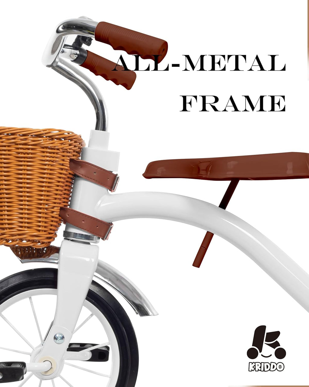 KRIDDO Classic All Metal Toddler Trike, Gift for Boys and Girls Ages 2 to 4 Year Old, Tricycle for 1 to 3 Year Olds, Sturdy Rear Deck, Deluxe Steer and Ergonomics Grip, Indoor and Outdoor, White