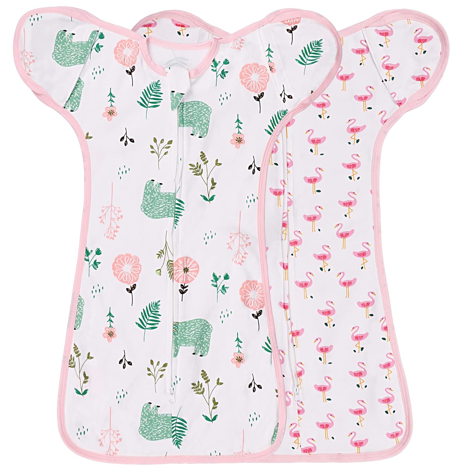2 Pack Transition Swaddle with 2 Way Zipper, 2 in 1 Arms in/Out Transitional Arms Up Swaddle, 100% Cotton Newborn Swaddles Zipper Swaddles Baby Swaddling Sack Sleeping Sack 3-6 Months, Flamingo & Bear