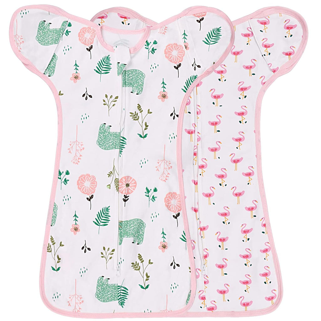 2 Pack Transition Swaddle with 2 Way Zipper, 2 in 1 Arms in/Out Transitional Arms Up Swaddle, 100% Cotton Newborn Swaddles Zipper Swaddles Baby Swaddling Sack Sleeping Sack 0-3 Months, Flamingo & Bear