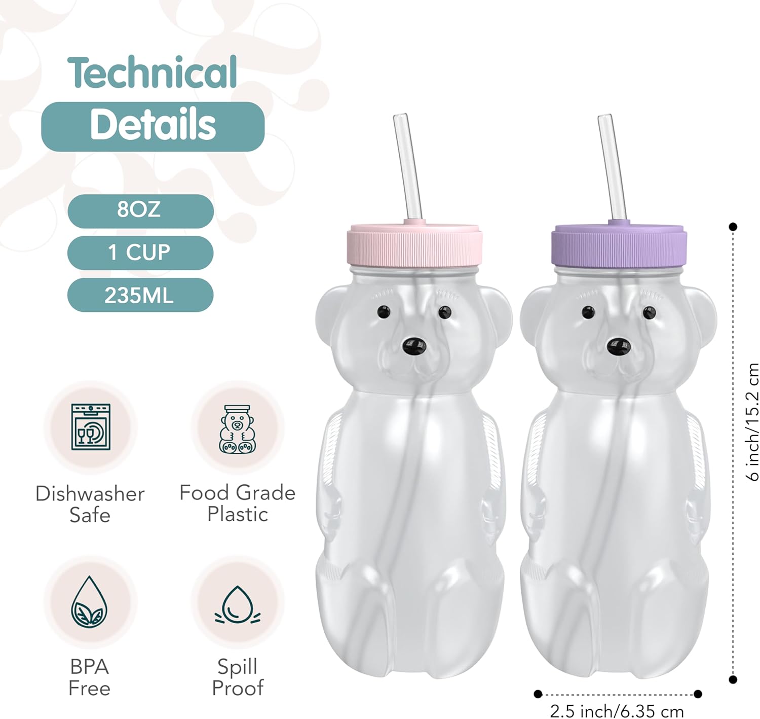 Honey Bear Straw Cup for Babies, Honey Bear Cups with Travel Lid, 2-Pack Therapy Learning HoneyBear Straw Sippy Cup for Toddlers, Cherry Blossom & Unicorn, 8 oz