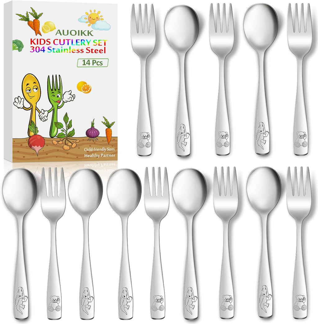 14-Piece Toddler Flatware, Kids Utensils Stainless Steel Cutlery Set, Children Safe Spoons and Forks with Ergonomic Handle, Easy to use and Dishwasher Safe (Crocodile and Bear)