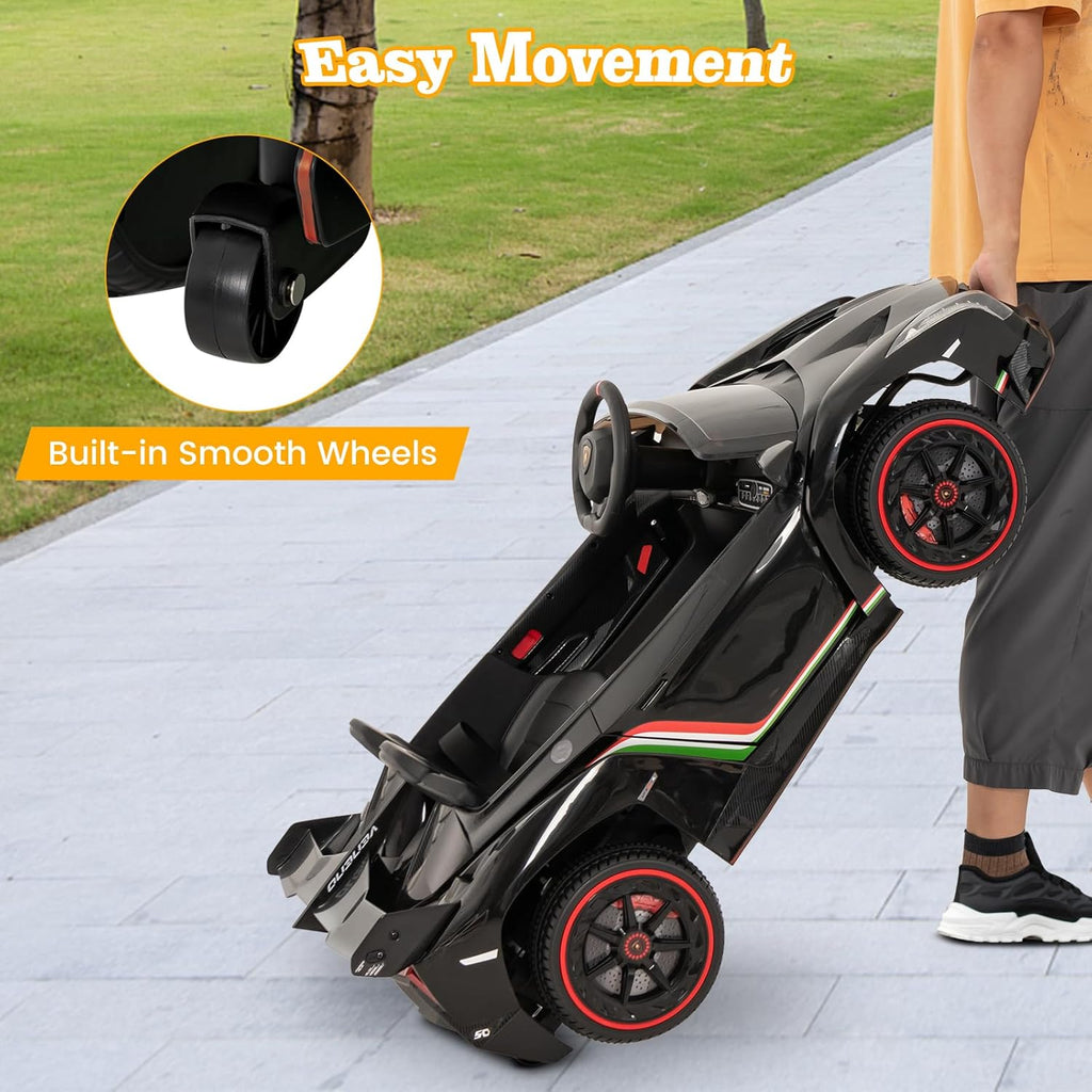 Costzon Ride on Car, Lamborghini Licensed 12V Battery Powered 4WD Sports Car with Remote Control, 3 Speeds, Hydraulic Doors, LED Lights, Towing Wheel, Horn, Music, Electric Vehicle for Kids Aged 3-8