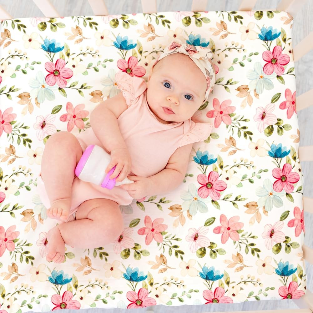 4 Pack Baby Girl Pack N Play Mini Crib Sheets Set Soft Fitted Floral Theme Baby Girl Mattress Covers Breathable Toddler Bed Sheets for Infant or Newborn(Flower, Pack N Play Mini Crib Sheets)