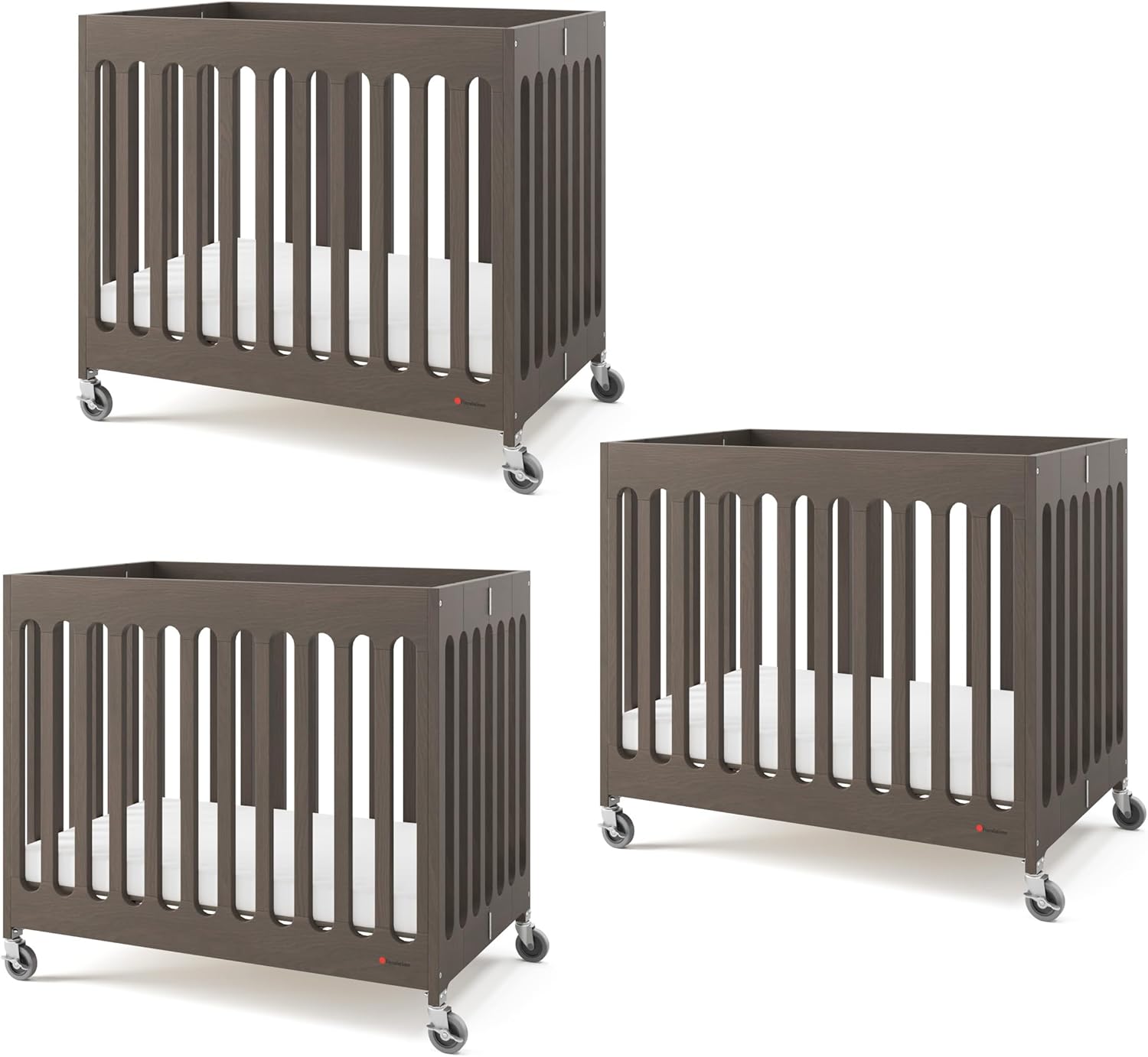 Foundations Boutique Compact Folding Crib 3 Pack for Hotels, Wood Crib, Commercial Casters, Includes 3" Foam Crib Mattress (Dapper Gray)