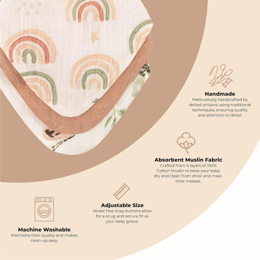 Crane 100% Cotton Baby Bib Set - Butterfly & Rainbow Muslin Bibs - Set of 3 Drool Bibs for Baby Boys or Girls - Newborn Eating Essentials