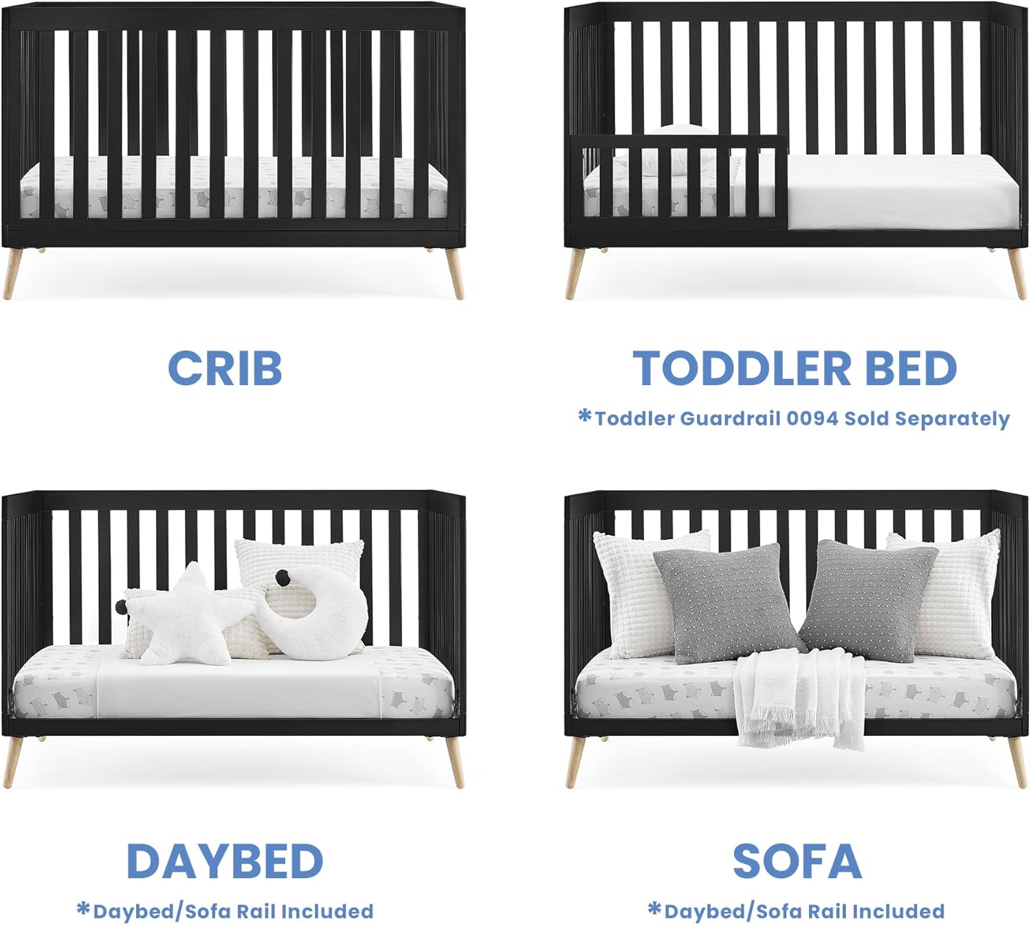 Delta Children Essex 4-in-1 Convertible Baby Crib, Ebony with Natural Legs