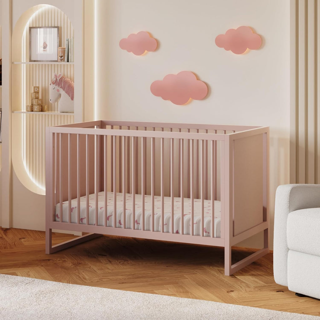 Nurture& The Crib - Baby, Toddler Convertible Crib | Sustainable Non-Toxic Materials | 3 Adjustable Heights - Grows with Your Baby (Toddler Guardrail NOT Included) (Blush)