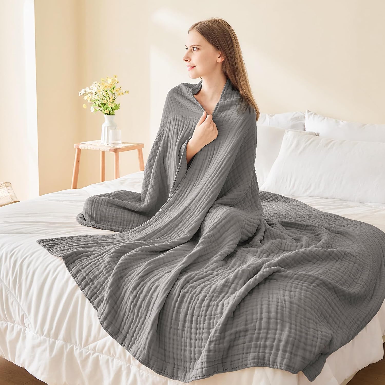 EMME Cotton Blanket Twin XL for Bed Soft Muslin Blankets 66"x90" Lightweight Breathable Layering Bedspread Coverlet All Season Gauze, Grey