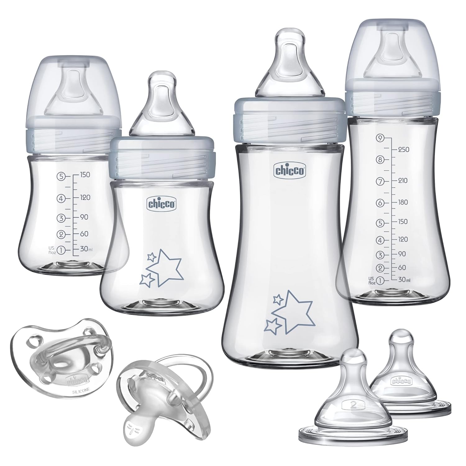 Chicco Duo Newborn Hybrid Baby Bottle Starter Gift Set with Invinci-Glass Inside and Plastic Outside | Dishwasher, Bottle Warmer, and Electric Sterilizer Safe | Intui-Latch Nipple | Clear/Grey