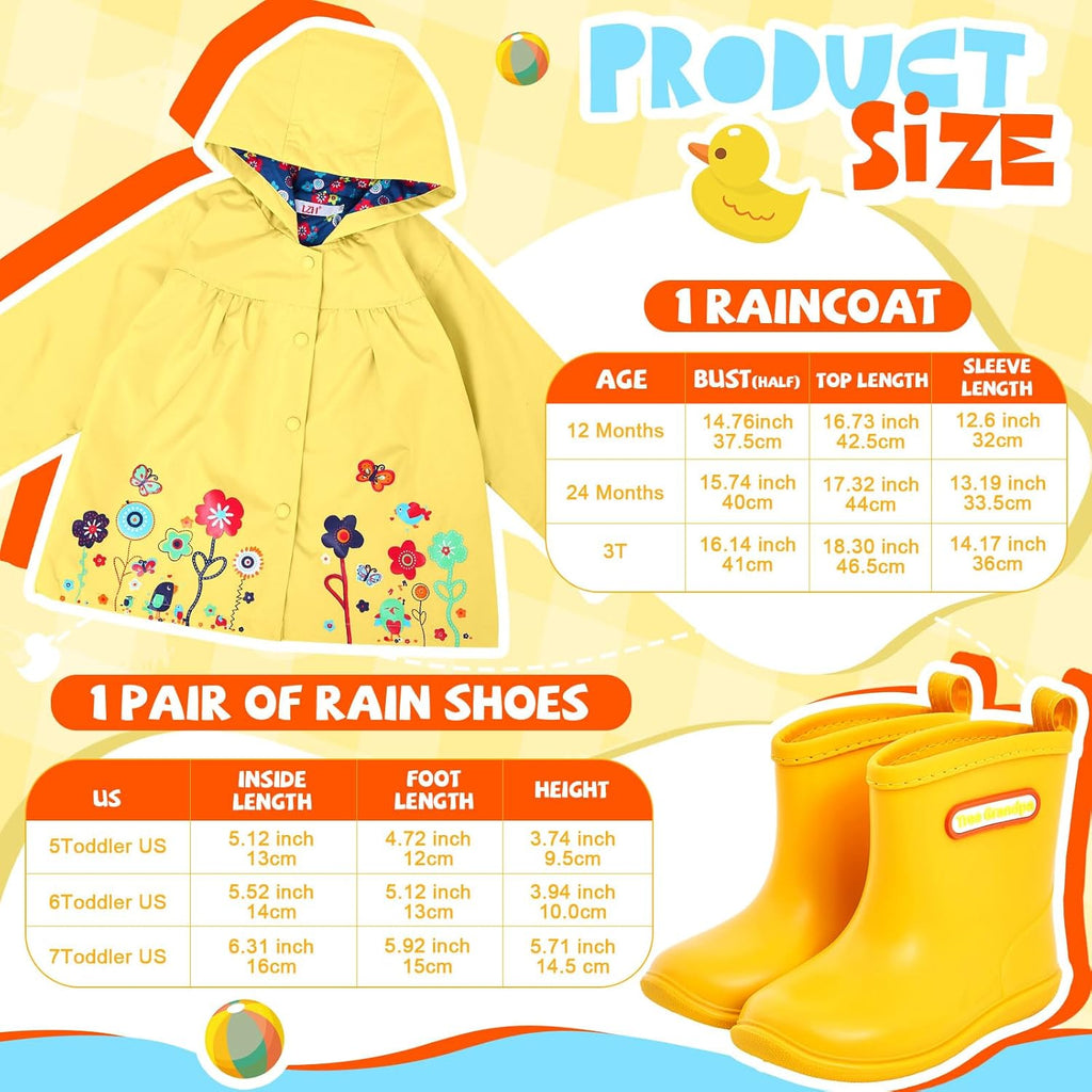 2 Pcs Toddler Raincoat Rain Boots Set Kids Baby Cartoon Hoodie Zipper Jacket Short Rain Shoes for Little Boys Girls