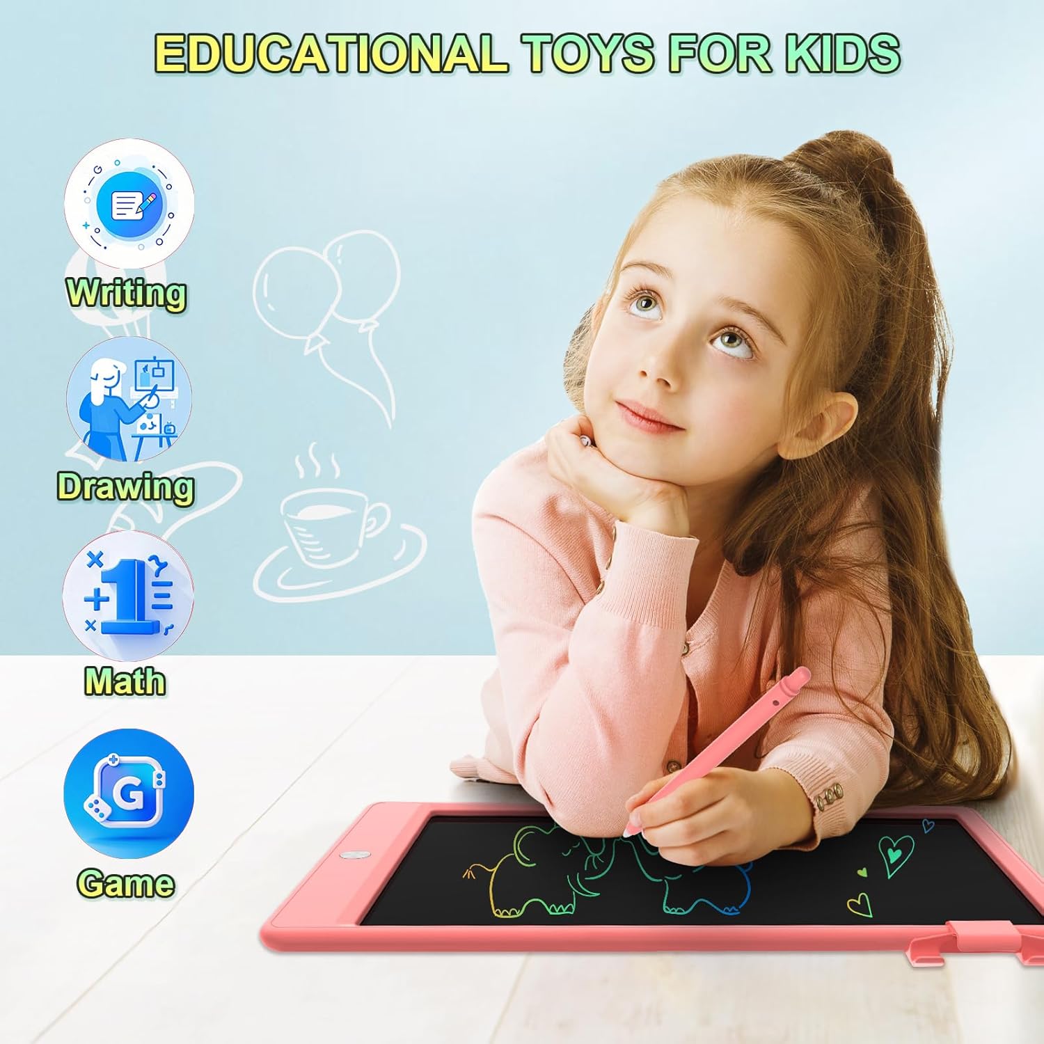 12.9 Inch LCD Writing Tablet for Kids, Colorful Toddler Doodle Board - Erasable Drawing Pad, Educational Learning Toy for Ages 3-8 - Valentine's Day Christmas Birthday Gifts (12.9 Inch, Pink)