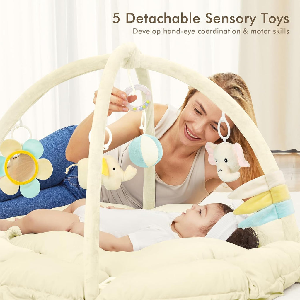 ANGELBLISS 5 in 1 Baby Play Gym Mat, Reversible Tummy Time Mat with 5 Sensory Toys for Stage-Based Developmental, Thick & Large Baby Activity Center from Newborn to Toddler (Beige)