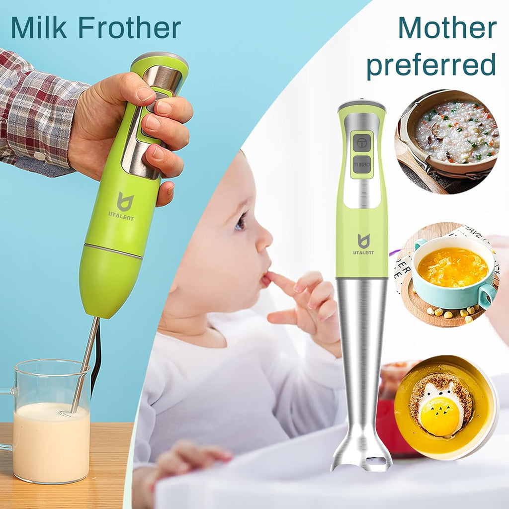 Immersion Hand Blender, UTALENT 3-in-1 8-Speed Stick Blender with Milk Frother, Egg Whisk for Coffee Milk Foam, Puree Baby Food, Smoothies, Sauces and Soups - Green