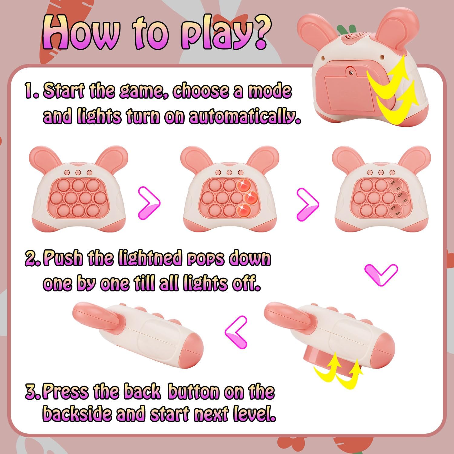 Fast Push Game, Bunny Ear Handheld Speed Push Bubble Game Console, Light up Pop Game Sensory Fidget Toys for Kids, Autism Sensory Toys,Birthday Easter Toy for Boys Girls Adults(Pink)