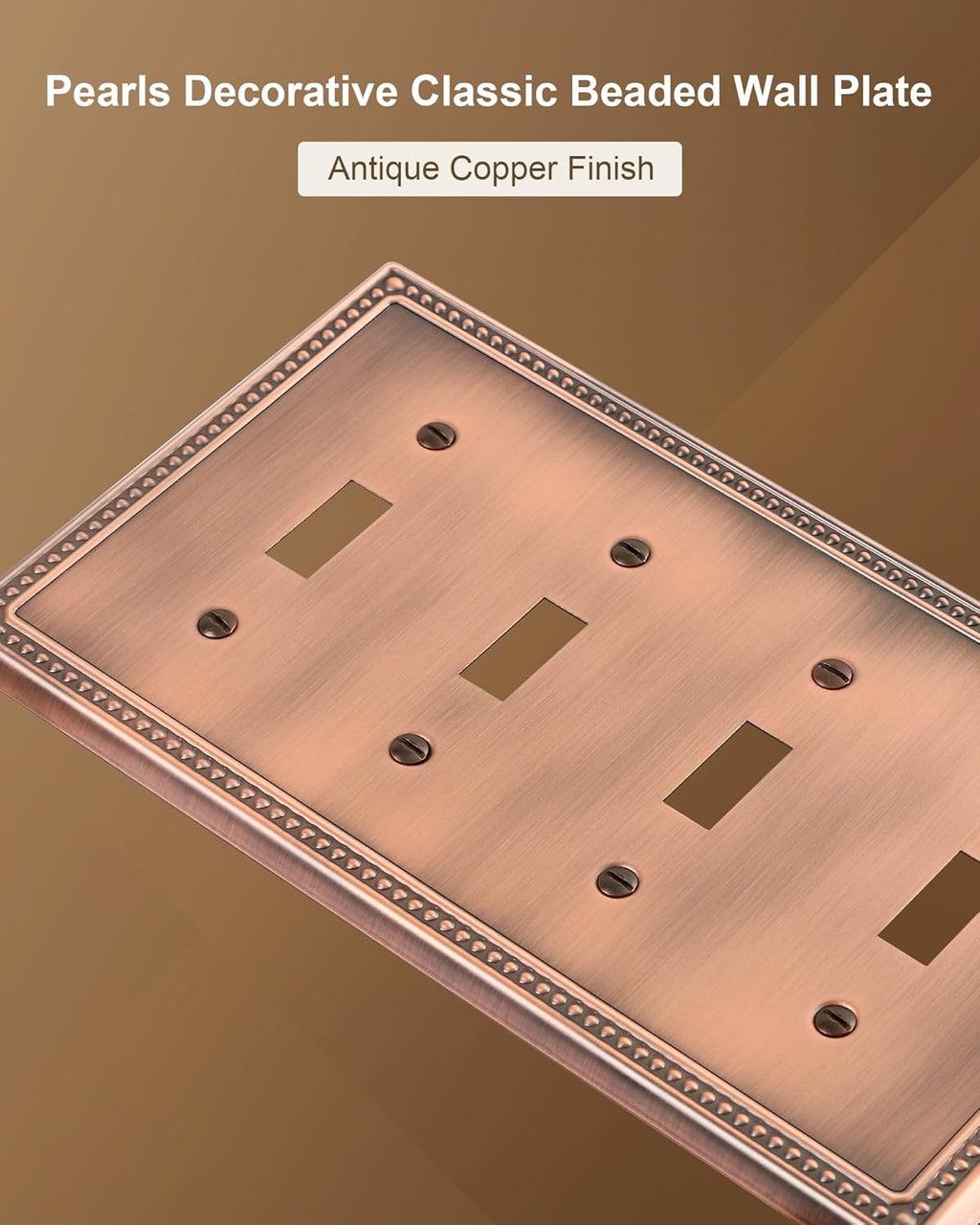 2-Pack Quad Toggle Light Switch Cover Plate, 4 Gang Metal Switch Plate Covers, Antique Copper Pearls Decorative Wall Plate, Corrosion Resistant