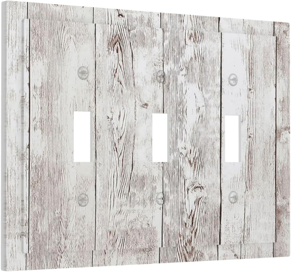 Decorative Switch Plates Rustic Vintage White Wood Grain 3 Gang Wall Plate Triple Toggle Light Switch Cover Faceplate Electrical Wall Panels for Farmhouse Home Decor