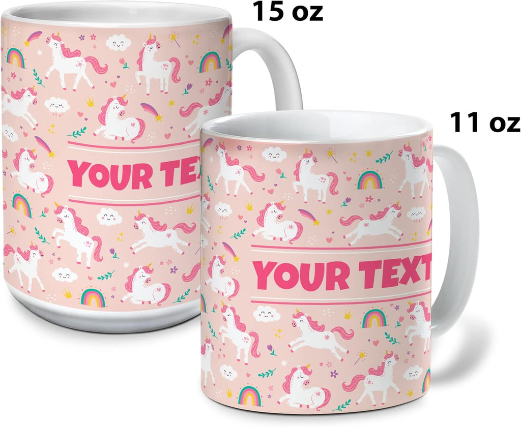 Personalized Mug for Kids - Pink Unicorn - Custom Name/Text, Ceramic Hot Chocolate/Cocoa/Coffee Cup for Girls, Birthday/Christmas/Holiday Gift - 11 oz, Red Handle