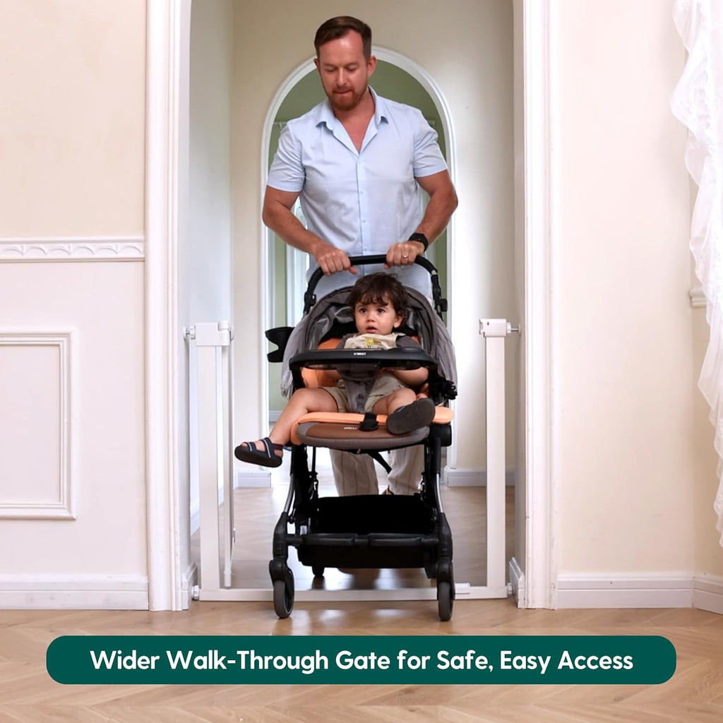 BABELIO Baby Gate for Doorways and Stairs, 31-36" Pet Gate with Wide Walk Thru Door and Lock Indicator, No Drill Pressure Mounted Safety Gate with Double Lock and Self-Closing, White