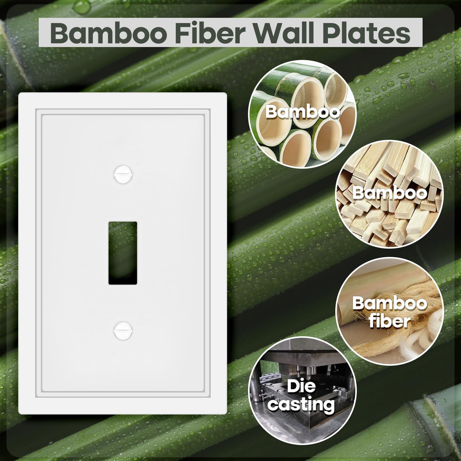White Decorative Light Switch Cover Plate, Classic Single Toggle Switch Plate Covers, Natural Bamboo Fiber 1 Gang Wall Plates for Bathroom Kitchen- 4 Pack