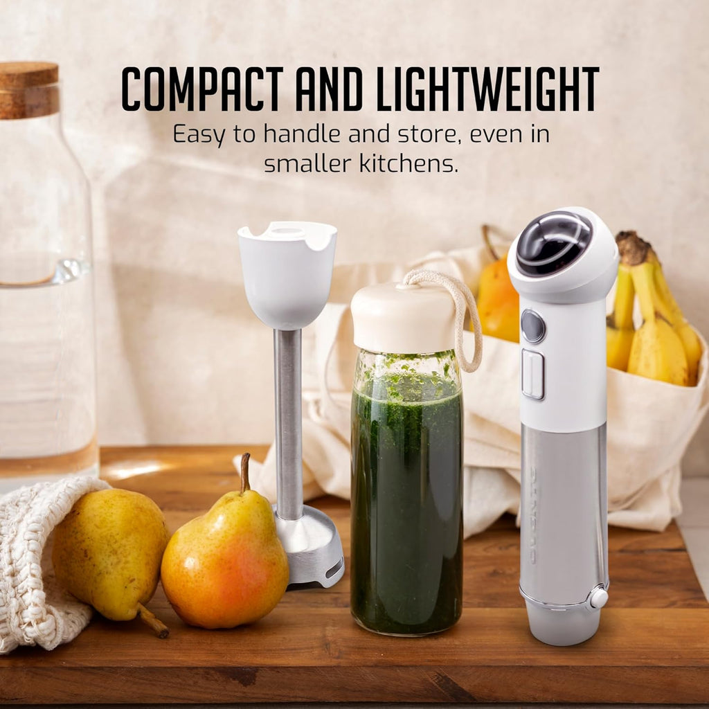 OVENTE Cordless Immersion Hand Blender, 300W Rechargeable Handheld Portable Stick Mixer with Speed Pulse Activating Sensor and Stainless Steel Blades for Smoothies, Shakes or Baby Food, White HR995W