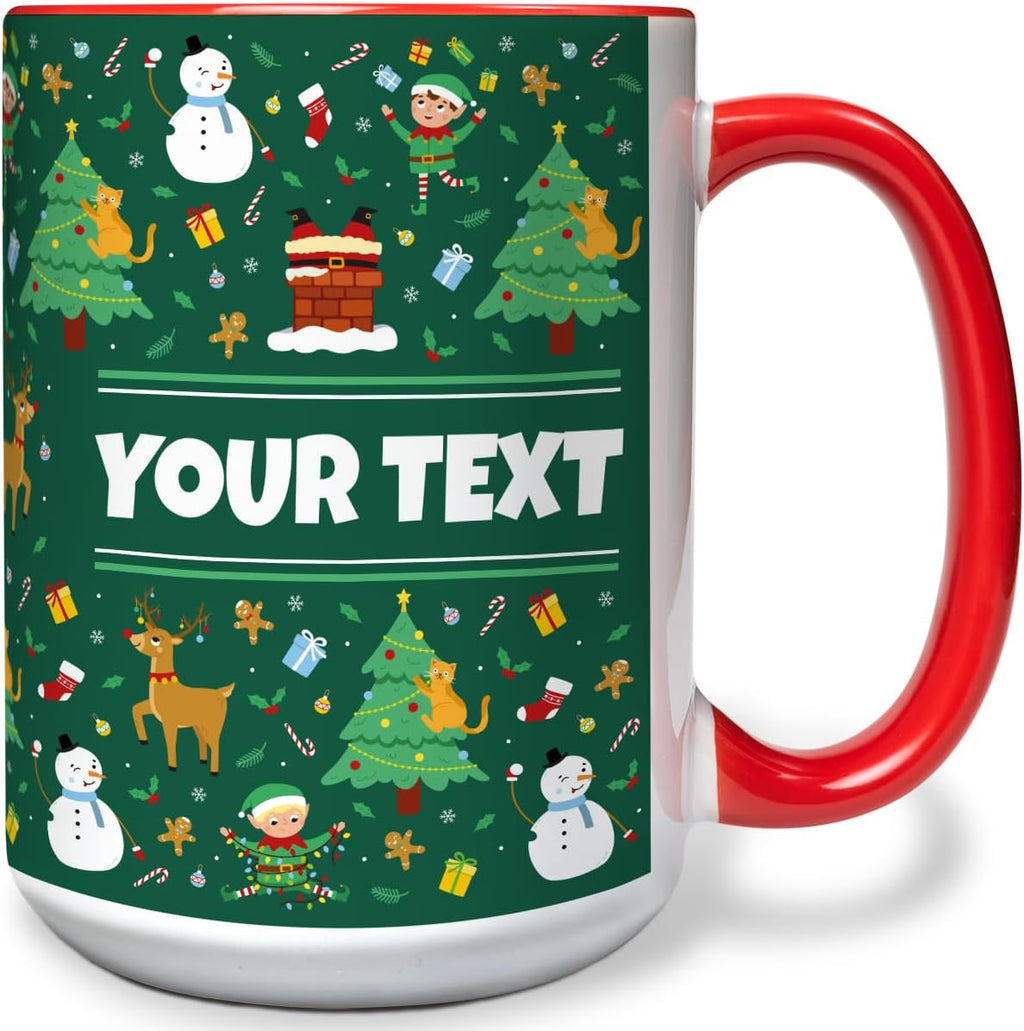 Personalized Mug for Kids - Christmas - Custom Name/Text, Ceramic Hot Chocolate/Cocoa/Coffee Cup for Boys/Girls, Holiday/Birthday Gift - 15 oz, Red Handle