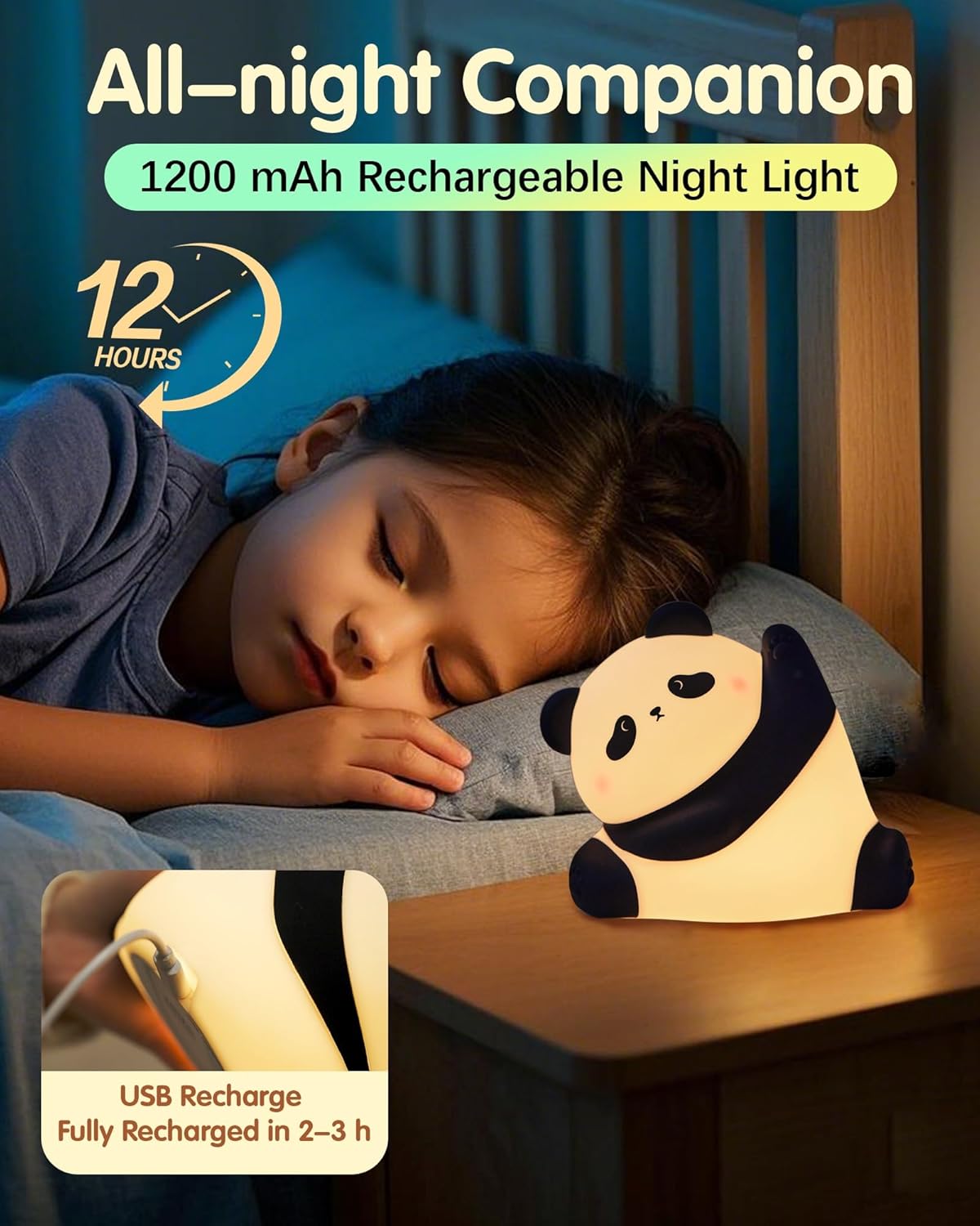 Panda Night Light, Rechargeable 3 Level Dimmable LED Squishy Nursery Nightlight, Food Grade Silicone Animal Night Lamps Cute Bedside Touch Lamp for Breastfeeding Toddler Baby Kids Gifts Decor